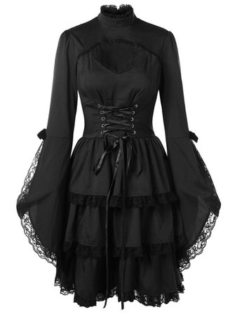 Gothic Victorian Lace Trim Flare Sleeve Dress – ROCK 'N DOLL