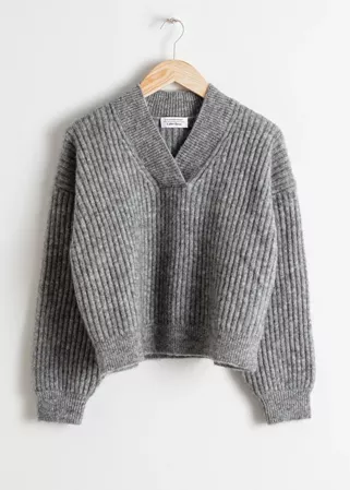 Wool Blend Cropped V-Neck Sweater - Grey - Sweaters - & Other Stories