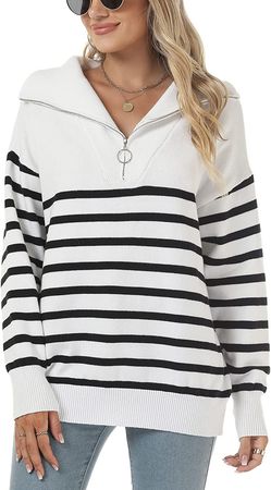 Amazon.com: ELGOGY Women's Striped Sweater Half Zip V Neck Long Sleeve Oversized Pullover Sweaters : Clothing, Shoes & Jewelry