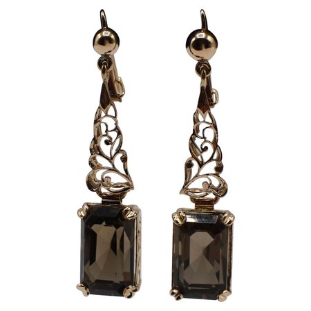Mid-20th Century 18 Karat Gold and Smokey Quartz Dangle Drop Earrings For Sale at 1stDibs