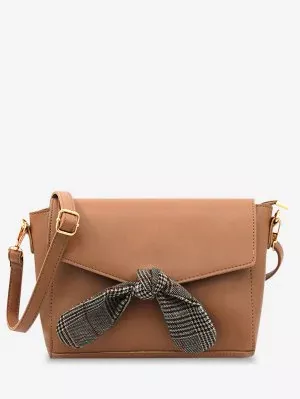 Flap Bow Embellished Faux Leather Casual Crossbody Bag - Brown - ZAFUL