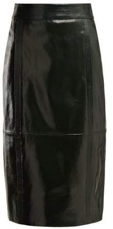 Buttoned Back High Rise Leather Pencil Skirt - Womens - Dark Green