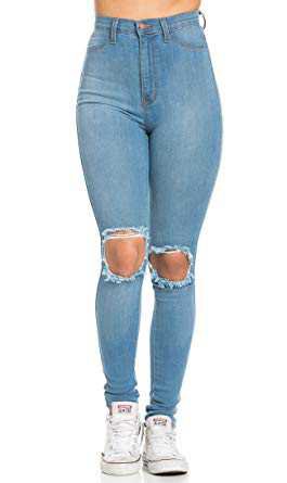 SOHO GLAM Ripped Knee Super High Waisted Skinny Jeans in Light Blue