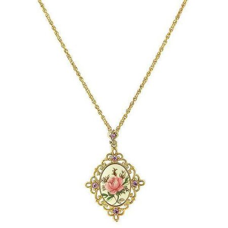 1928 Jewelry Gold Tone Ivory Color Floral Decal Crystal Accent Pendant Necklace