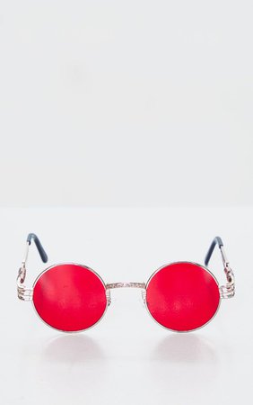 Red Rounded Metal Frame Retro Sunglasses