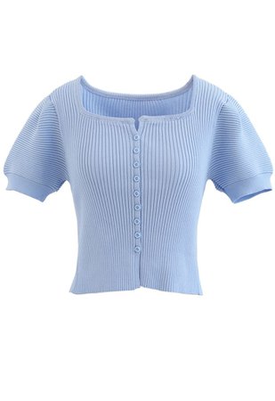 Short Sleeves Button Down Fitted Knit Top in Blue - Retro, Indie and Unique Fashion