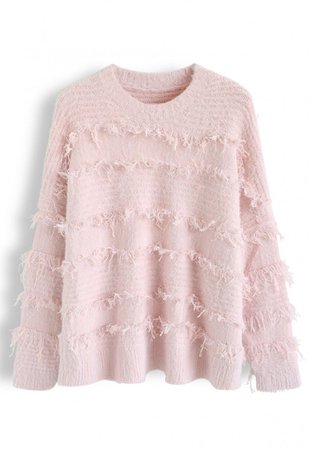 Fringe Trim Fuzzy Knit Sweater in Pink - NEW ARRIVALS - Retro, Indie and Unique Fashion