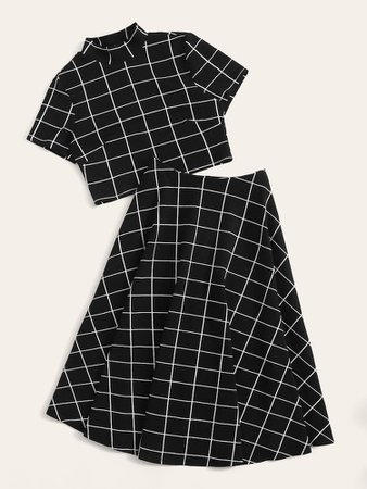 Mock-neck Grid Top and High Waist Skirt Set | SHEIN