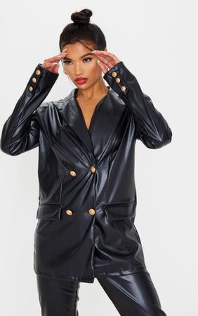 Black Pu Oversized Double Breasted Pocket Blazer | PrettyLittleThing