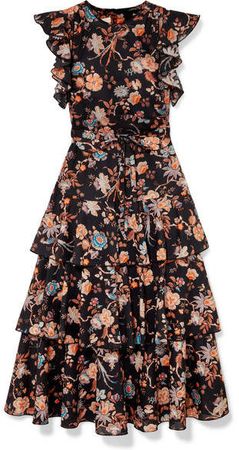 Anna Mason Tiered Floral-print Cotton-poplin Midi Dress - Black