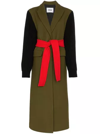 MSGM Ribbed Sleeve Belted Wool Blend Coat - Farfetch