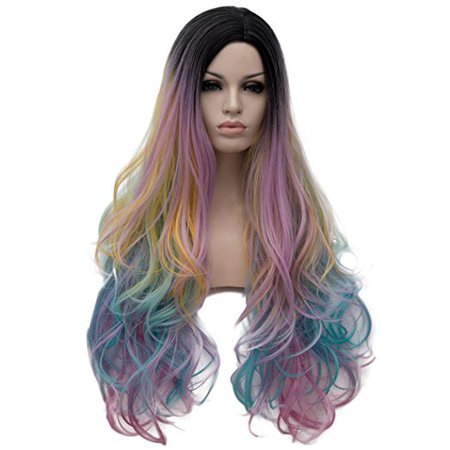 Alacos Synthetic 75CM Long Curly Rainbow Pinky Color Ombre Halloween Costumes Cosplay Harajuku Wigs for Women Lady Girl +Free Wig Cap (Rainbow Color Ombre #2)