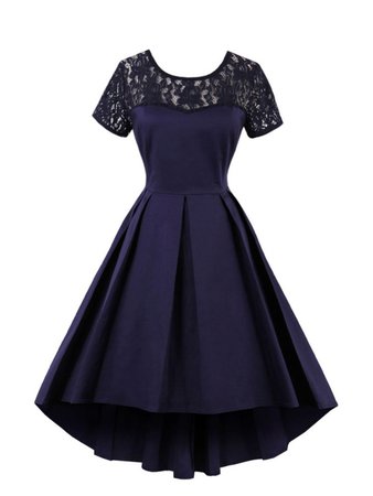 Dark Blue Lace Panel Dip Hem Pleated Dress (SHEIN)