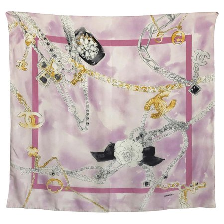 Chanel Silk Scarf Shawl Bijoux Jewelry Pearls CC Logo 34in For Sale at 1stDibs