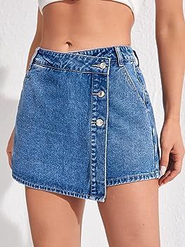 WDIRARA Women's High Waisted Button Front Denim Skort Asymmetrical Hem Wrap Jean Skirt Shorts Medium Wash XS at Amazon Women’s Clothing store