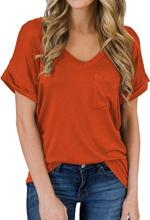 MIHOLL Women's Short Sleeve V-Neck Shirts Loose Casual Tee T-Shirt (11_Orange, Medium) at Amazon Women’s Clothing store