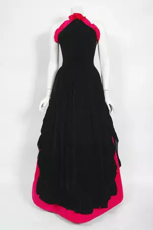 Vintage Chanel Haute Couture Black Velvet and Shocking Pink Silk Halter Gown For Sale at 1stDibs