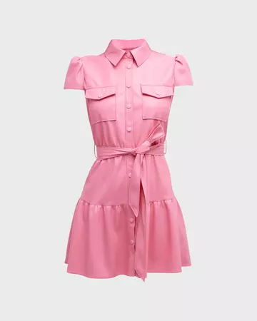 Alice + Olivia Miranda Vegan Lather Short-Sleeve Tiered Mini Dress | Neiman Marcus