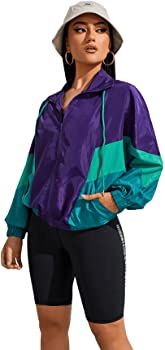 Amazon.com: SweatyRocks Women's Lightweight Windbreaker Patchwork Zipper Sport Jacket Coat Outerwear Purple Blue M : Clothing, Shoes & Jewelry