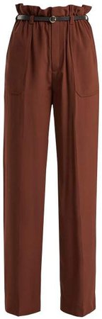 Silk Crepe De Chine Paperbag Waist Trousers - Womens - Dark Brown