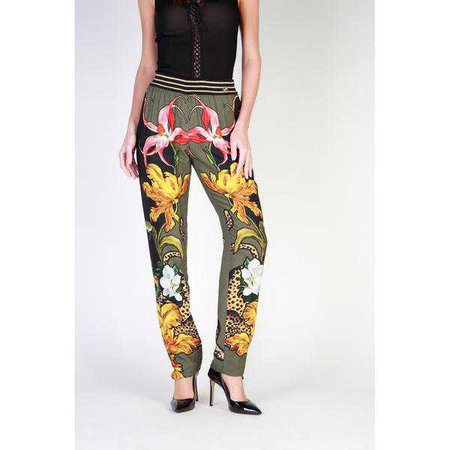 Clothing | Shop Women's Cavalli Class Green Elastic Waist Floral Print Trouser at Fashiontage | A1IQB10595094_P814_21_109_VERDONE-245798