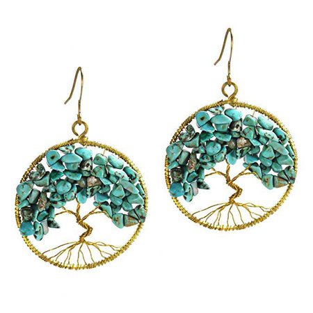 Amazon.com: Eternal Tree of Life Simulated Turquoise Stone Branch Brass Dangle Earrings: Jewelry