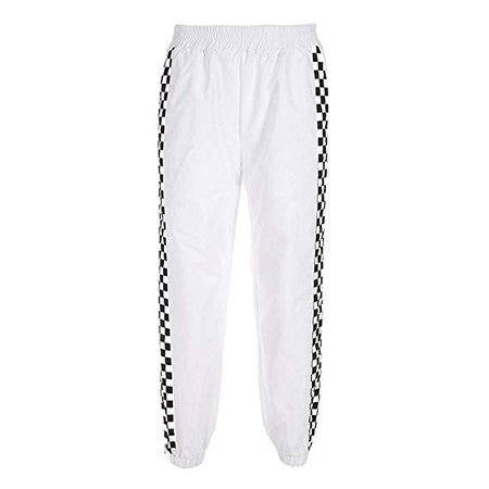 Women Plaid Patchwork Checkerboard Zipper Harem Pants (M) White at Amazon Women’s Clothing store: