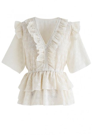 Ruffle Eyelet Embroidery Tiered Peplum Top in Cream - TOPS - Retro, Indie and Unique Fashion