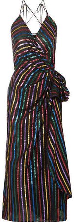 Metallic Striped Jacquard Wrap Dress - Black
