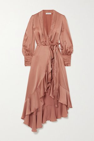 Tan Asymmetric ruffled silk-satin wrap midi dress | Zimmermann | NET-A-PORTER