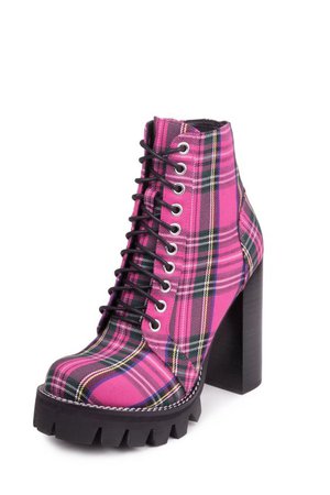 Lug sole heeled lace-up boot pink plaid