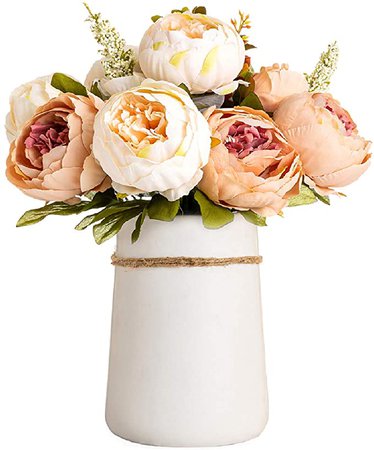 Amazon.com: Queen Bee Silk Peony Bouquet with Ceramic Vase Included Large Size 14" Wedding Centerpiece Events Birthday Gift Bridal Baby Shower Floral Arrangement Artificial Fake Flowers (Champagne): Kitchen & Dining