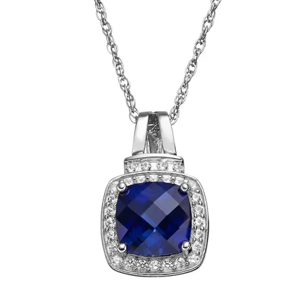 Lab-Created Blue & Lab-Created White Sapphire Sterling Silver Square Halo Pendant Necklace