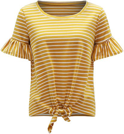 Romwe Women's Short Sleeve Tie Front Knot Casual Loose Fit Tee T-Shirt Yellow XXL at Amazon Women’s Clothing store