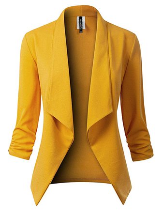 MixMatchy Women's [Made in USA] Classic 3/4 Gathered Sleeve Open Front Blazer Jacket (S-3XL) Mustard 3XL at Amazon Women’s Clothing store