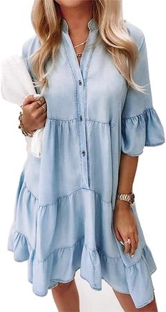Huntarry Women's Summer Babydoll Dress Denim Dress V Neck Ruffle Short Sleeve Button Down Flowy Loose Midi Mini Casual Dress at Amazon Women’s Clothing store