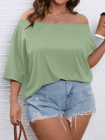 SHEIN Unity Plus Off Shoulder Batwing Sleeve Solid Tee | SHEIN USA