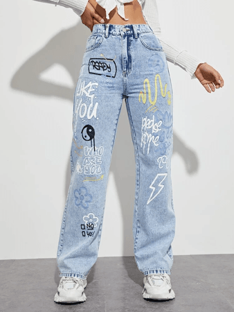 graffiti print mom jeans