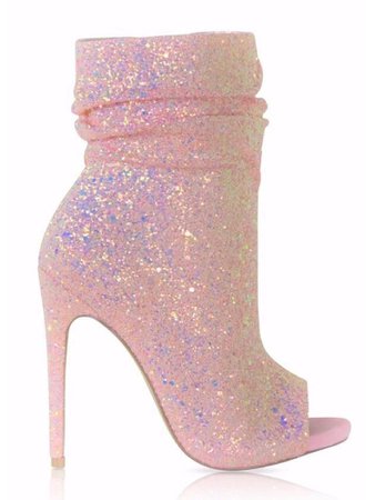 Pink sparkly open toed stiletto boots