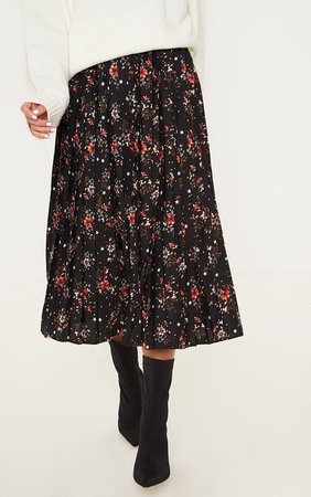 Black Floral Print Pleated Midi Skirt | PrettyLittleThing USA