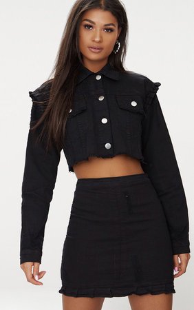 Black Ruffle Cropped Denim Jacket | Denim | PrettyLittleThing