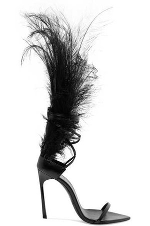 Saint Laurent | Talitha feather-trimmed glossed-leather sandals | NET-A-PORTER.COM