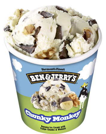 Edited by 8es.xyz: ben and Jerrys chunky monkey ice cream banana chocolate walnuts food desert container tub pint carton png psd