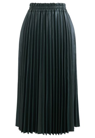 Faux Leather Pleated A-Line Midi Skirt in Dark Green - Retro, Indie and Unique Fashion