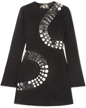 Embellished Cutout Crepe And Mesh Mini Dress - Black