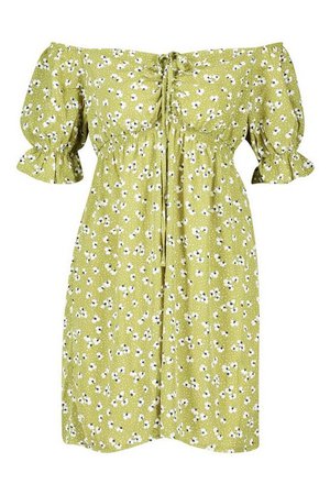 Woven Ditsy Floral Shirred Waist Bardot Mini Dress | Boohoo green