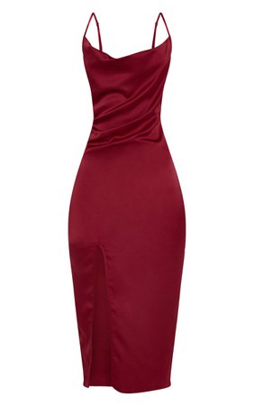 Burgundy Strappy Satin Cowl Midi Dress | PrettyLittleThing