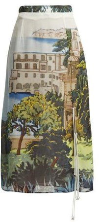 Landscape Print Silk Chiffon Midi Skirt - Womens - Blue Multi