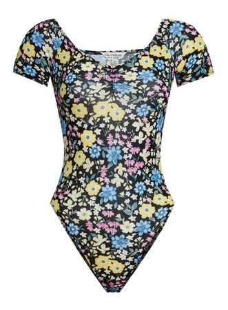 Blue Floral Print Short Sleeve Bardot Bodysuit | Miss Selfridge
