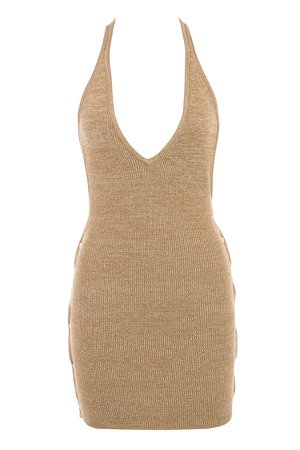 Clothing : Mini Dresses : 'Milla' Wheat Marl Rib Knit Halter Mini Dress